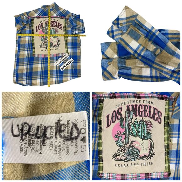 Upcycled Flannel Shirt Womens 3X Shacket Blue Desert Cactus Grunge Concert Art - Picture 5 of 16